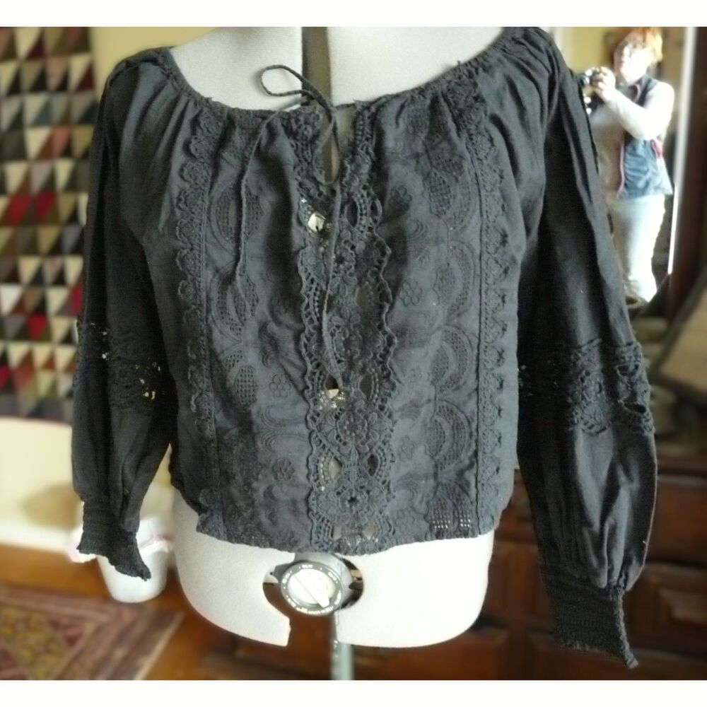 Jennifer & Grace Black Peasant Blouse Crop Top Eyelet Lace Crochet Inserts XL